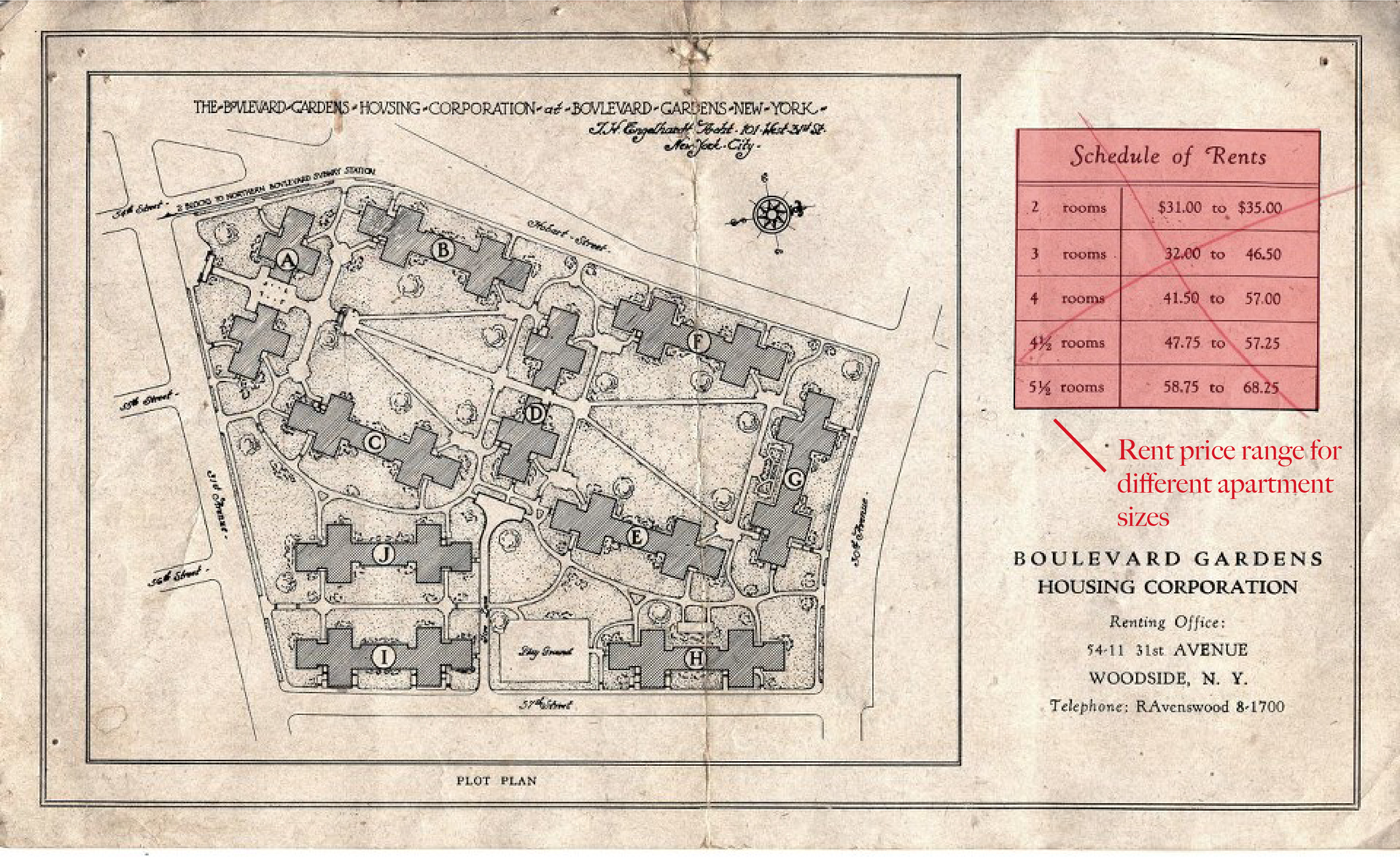 Aerial floor plan of the Boulevard Gardens complex with buildings labeled, and rental price ranges for differently sized apartments 