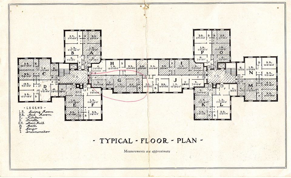 Standard floor plan for each of the 16 types of apartment units from A-P